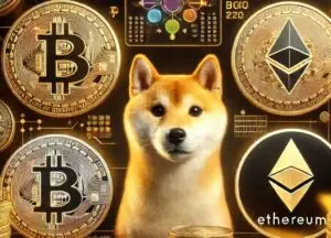 Bitcoin, Solana, Ethereum, Dogecoin, Shiba Inu in a tech view with a golden theme