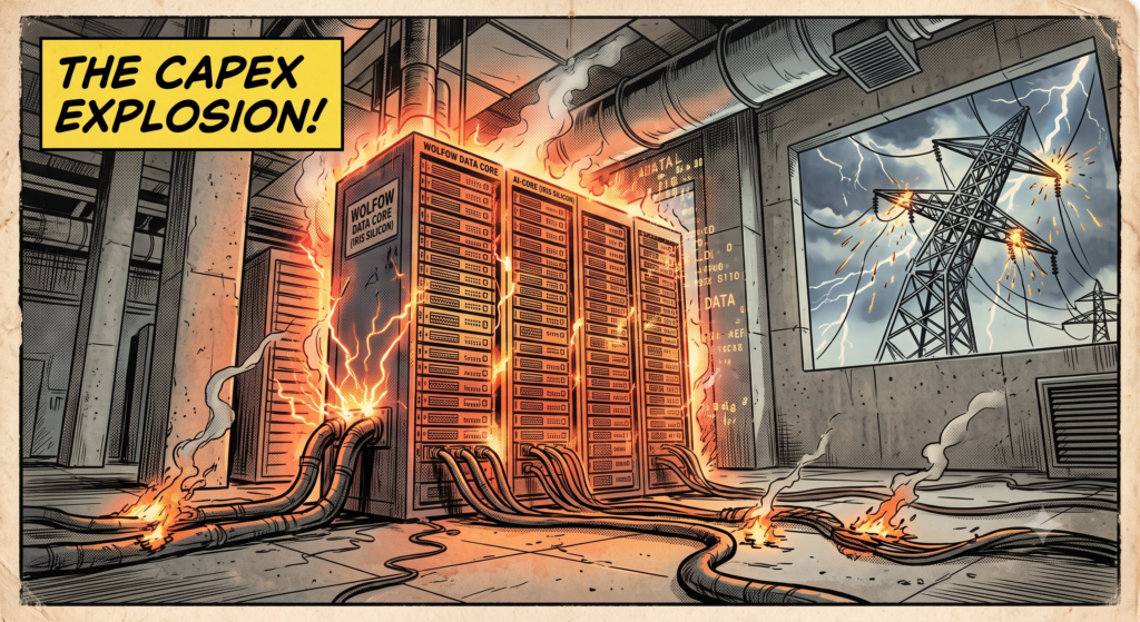 A glowing, high-tech server room in a data center, representing the massive AI infrastructure spending and capex explosion by Big Tech companies.