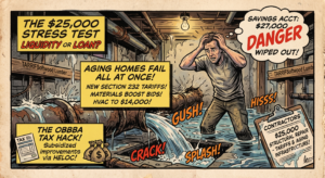 A retro Marvel comic book style illustration of a stressed homeowner looking at a bursting pipe, with a yellow text box that reads "The $25,000 Stress Test".